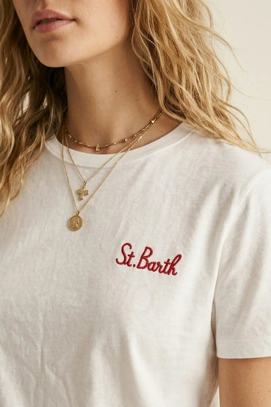 White Cotton Regular Fit Crew Neck T-Shirt with Embroidered St. Barth - One Size / White - Tops
