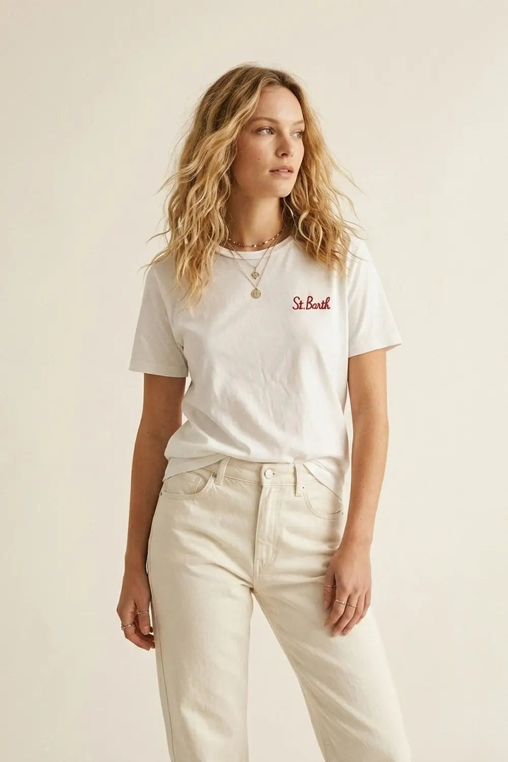White Cotton Regular Fit Crew Neck T-Shirt with Embroidered St. Barth - One Size / White - Tops