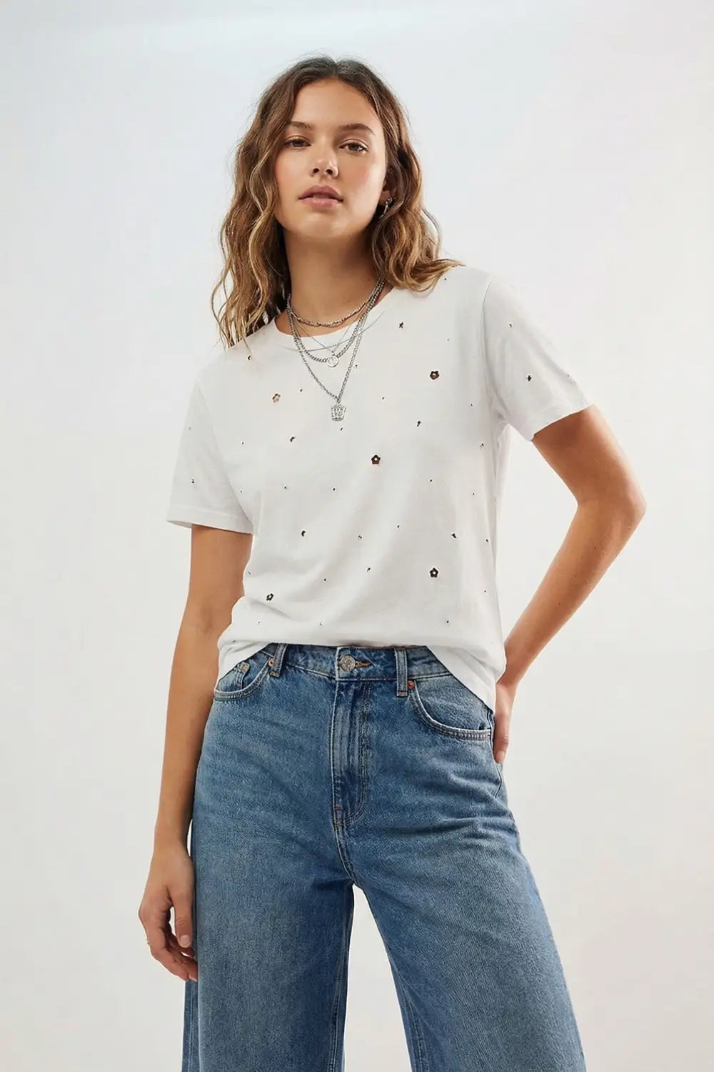 White Cotton T-Shirt Embellished with Strass Details - Tops