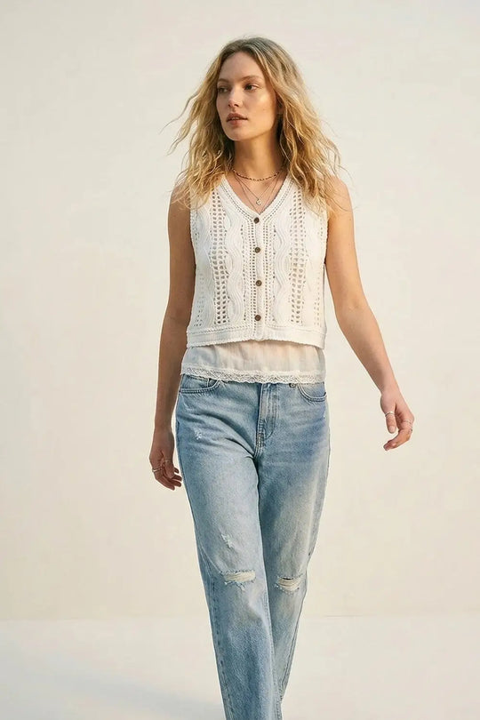 Q2 White Crochet Cable Knit Button Front Cropped Vest Top