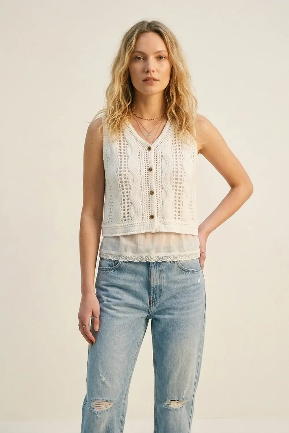 White Crochet Cable Knit Button Front Cropped Vest Top - One Size / White
