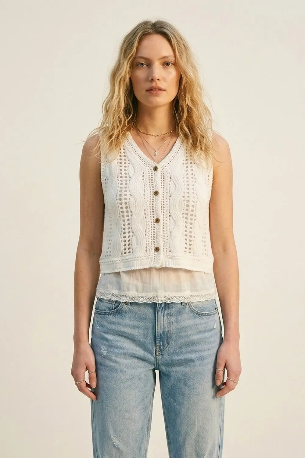 White Crochet Cable Knit Button Front Cropped Vest Top - One Size / White