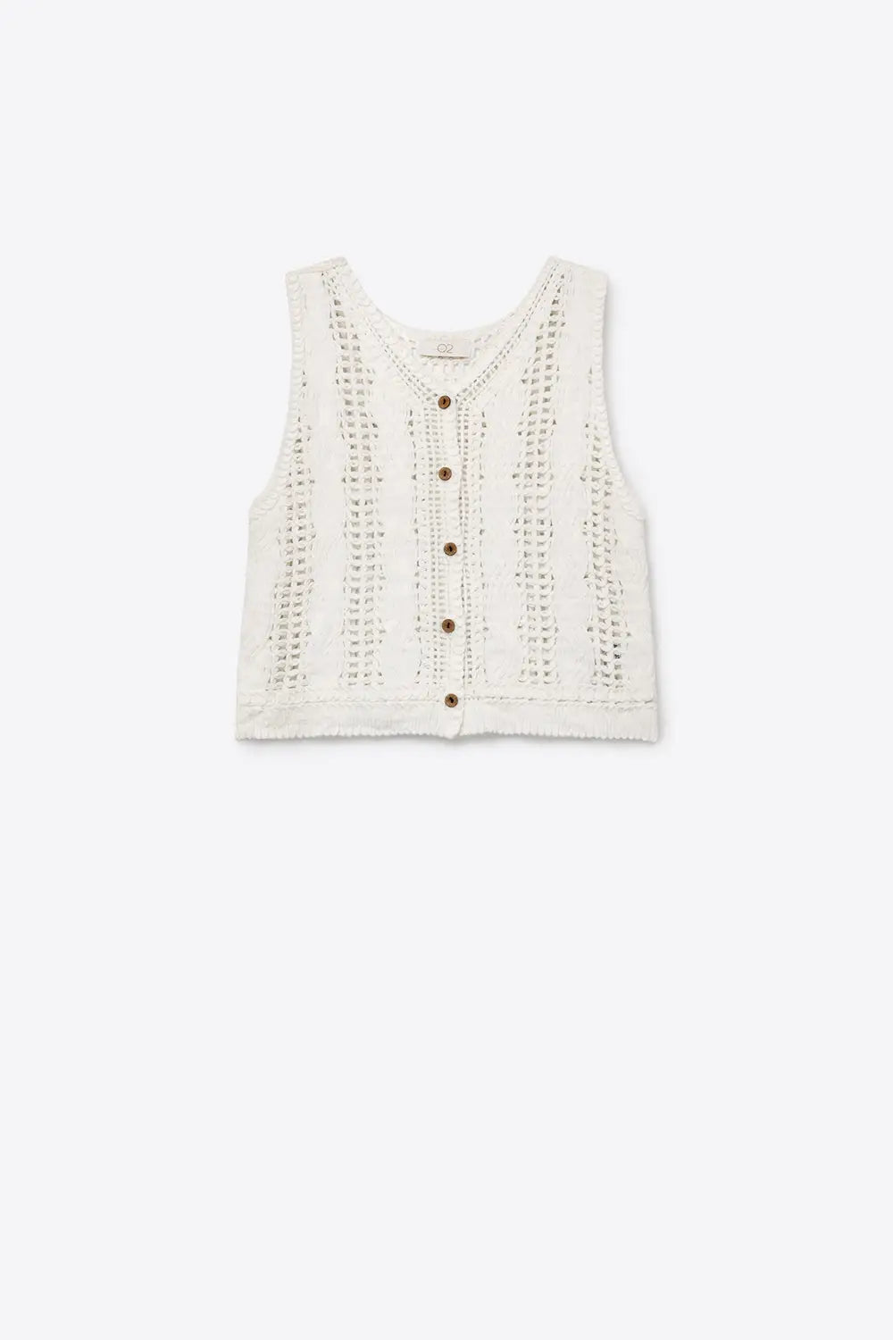 White Crochet Cable Knit Button Front Cropped Vest Top - One Size / White