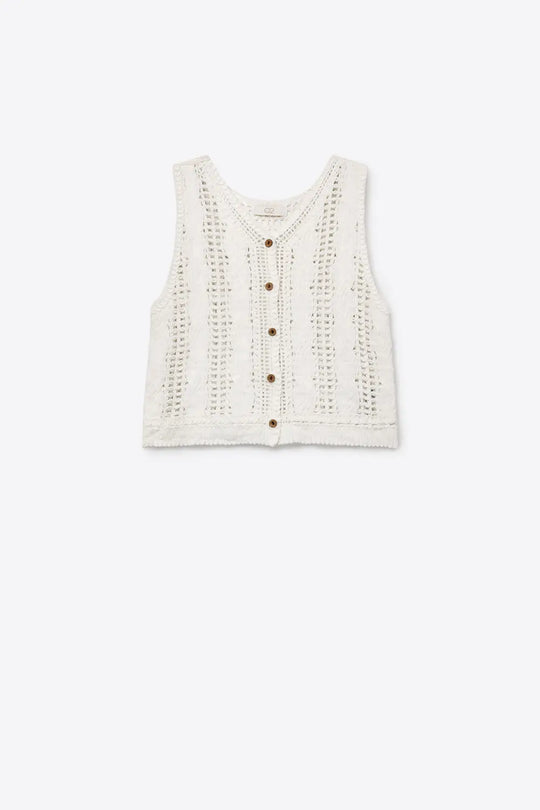 White Crochet Cable Knit Button Front Cropped Vest Top - One Size / White