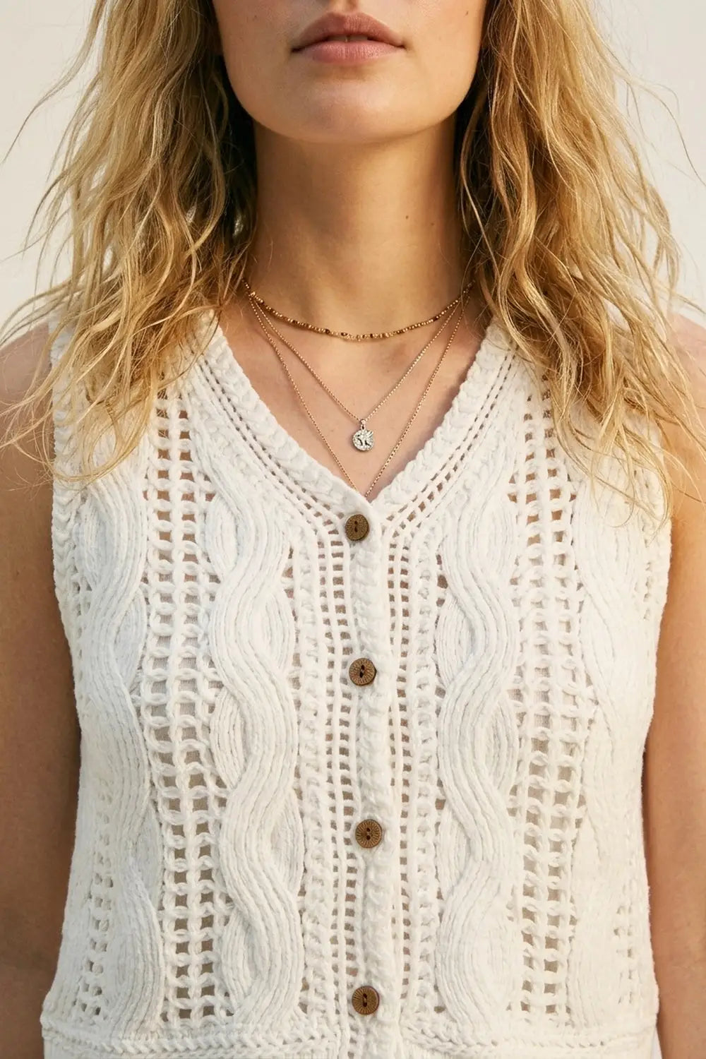 White Crochet Cable Knit Button Front Cropped Vest Top - One Size / White