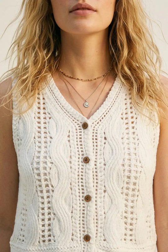 White Crochet Cable Knit Button Front Cropped Vest Top - One Size / White