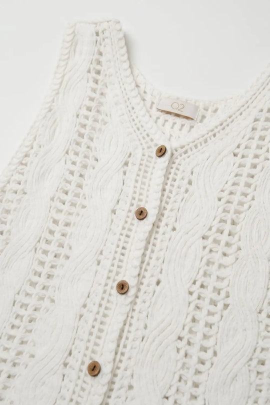 White Crochet Cable Knit Button Front Cropped Vest Top - One Size / White