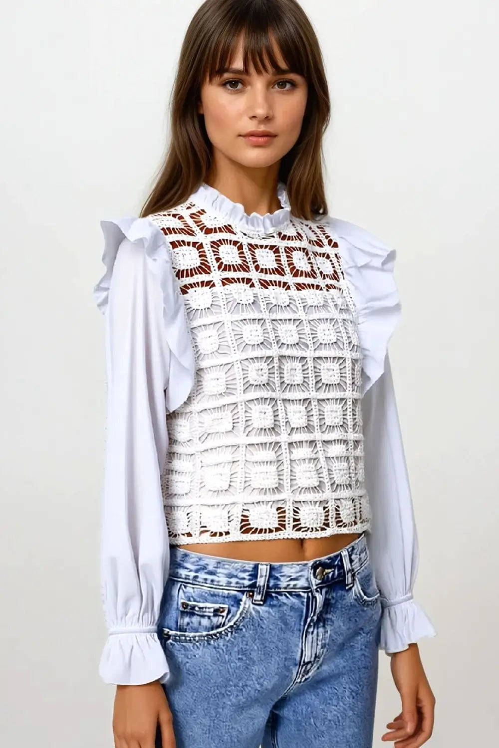 white Crochet Top with Ruffle Trim and long sleeves - Shirts