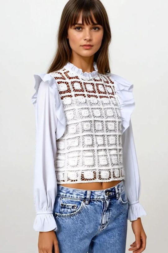 white Crochet Top with Ruffle Trim and long sleeves - Shirts