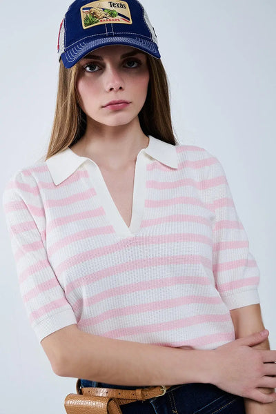 White Crop knitted polo Top with Pink Stripes - Sweaters