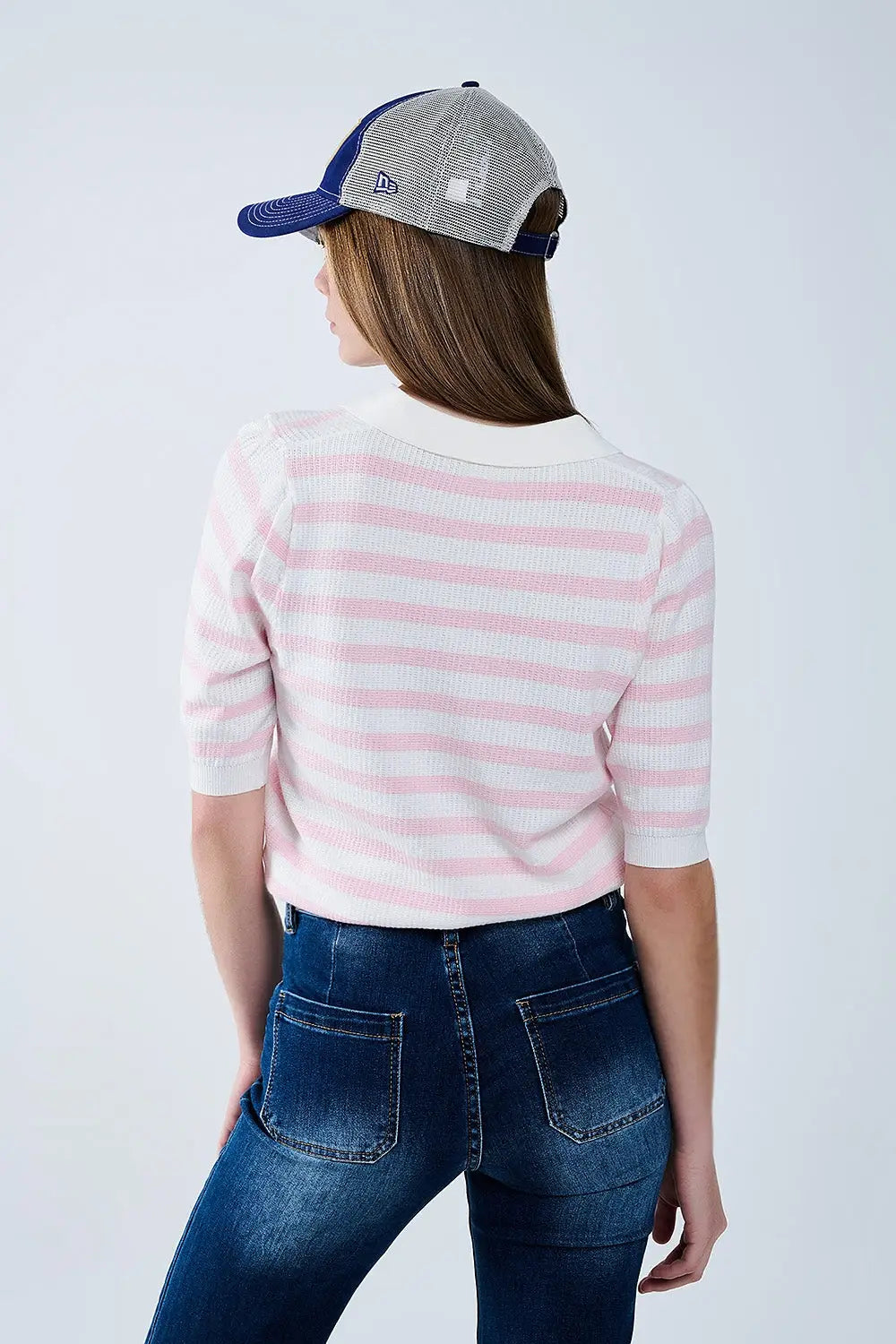 White Crop knitted polo Top with Pink Stripes - Sweaters