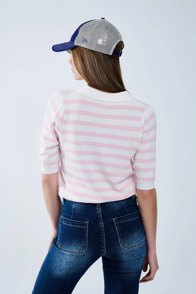 White Crop knitted polo Top with Pink Stripes - Sweaters