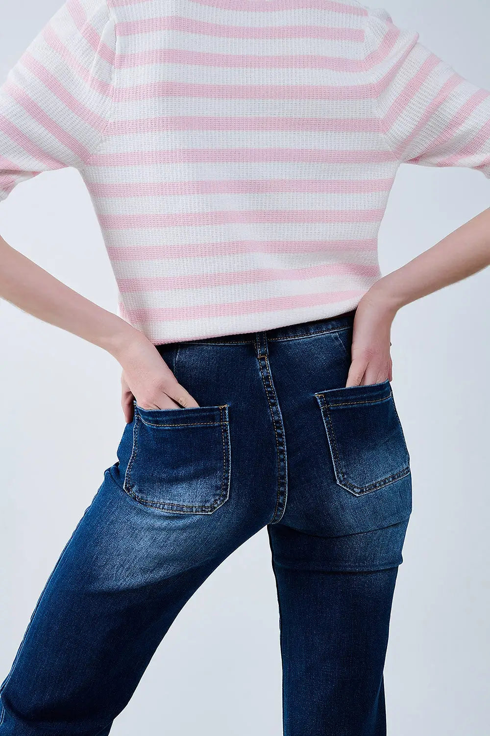 White Crop knitted polo Top with Pink Stripes - Sweaters