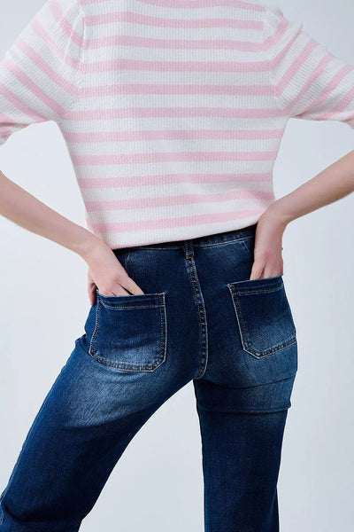 White Crop knitted polo Top with Pink Stripes - Sweaters