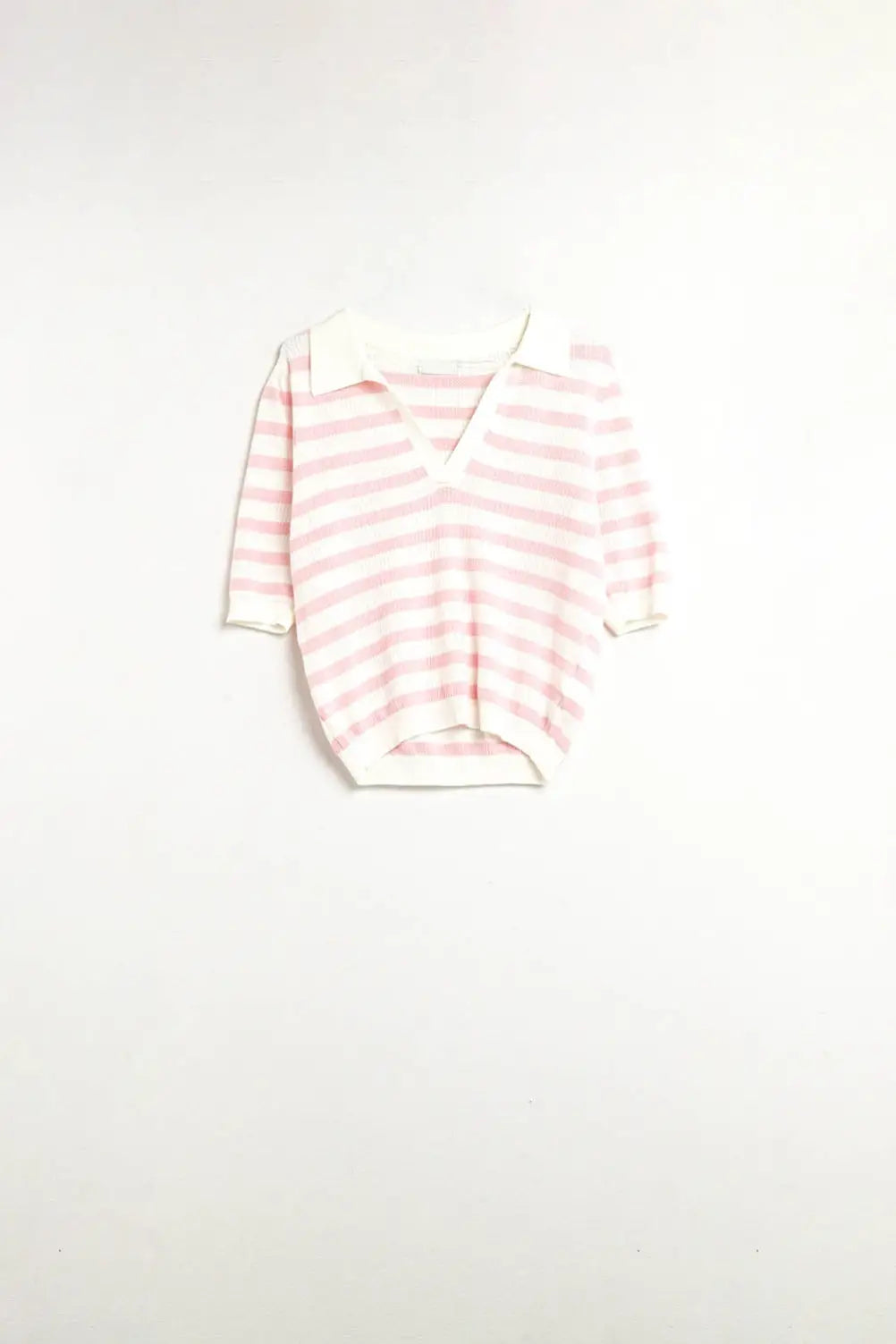 White Crop knitted polo Top with Pink Stripes - Sweaters