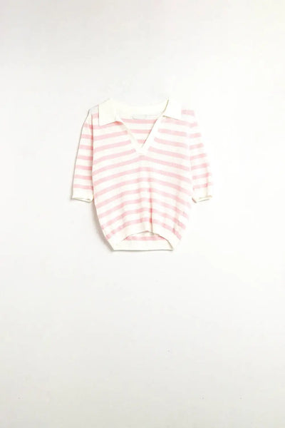 White Crop knitted polo Top with Pink Stripes - Sweaters