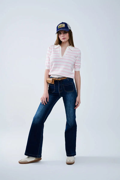 White Crop knitted polo Top with Pink Stripes - Sweaters