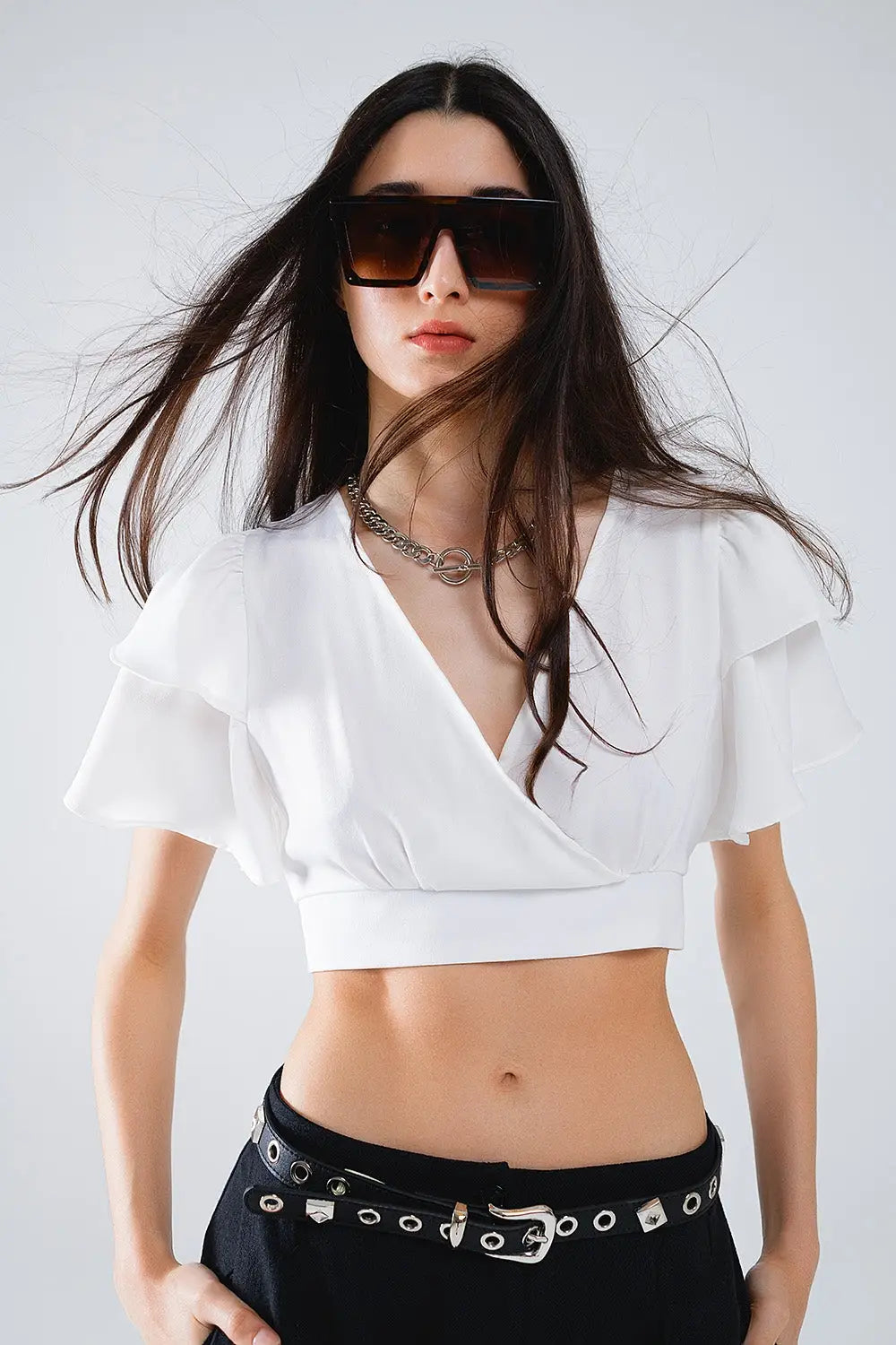 White Crop Top With Short Sleeves And V-neck - Tops