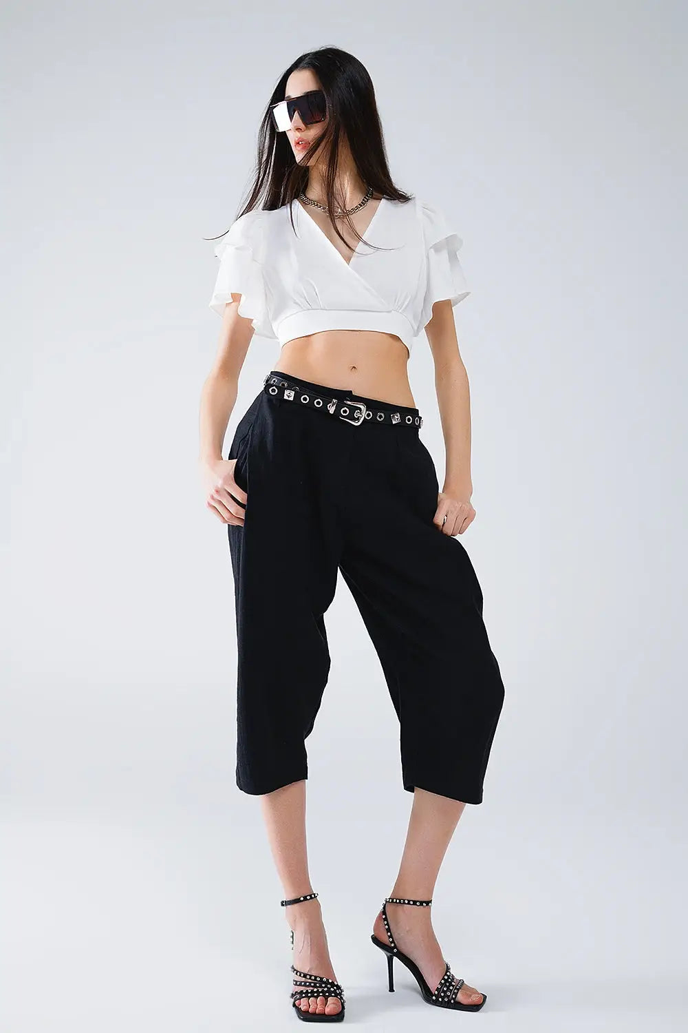 White Crop Top With Short Sleeves And V-neck - Tops