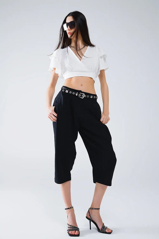 White Crop Top With Short Sleeves And V-neck - Tops