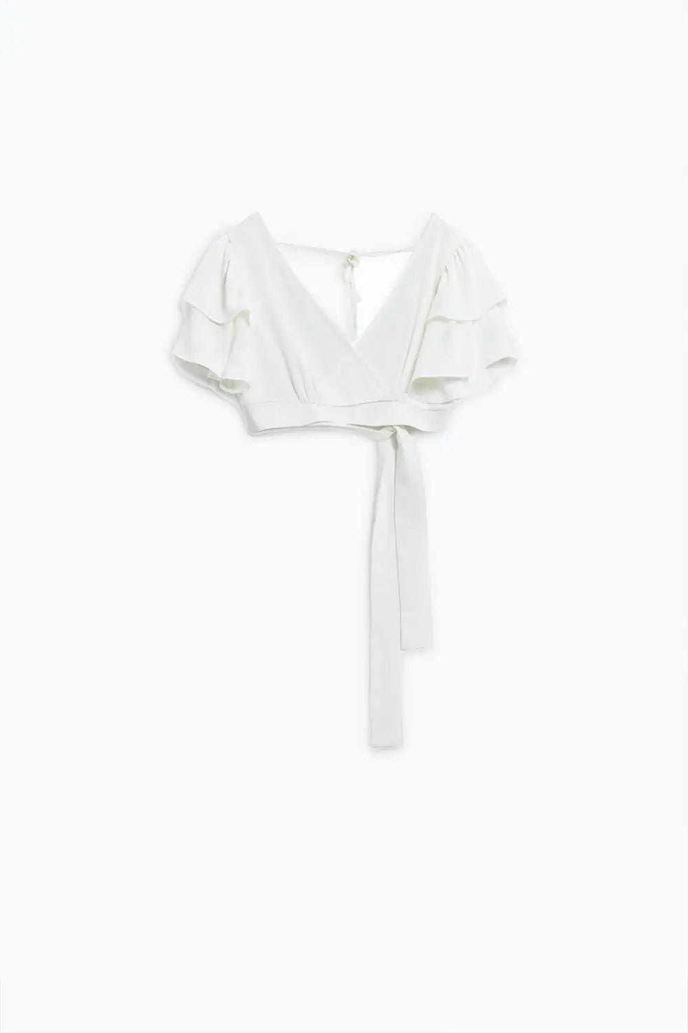 White Crop Top With Short Sleeves And V-neck - Tops