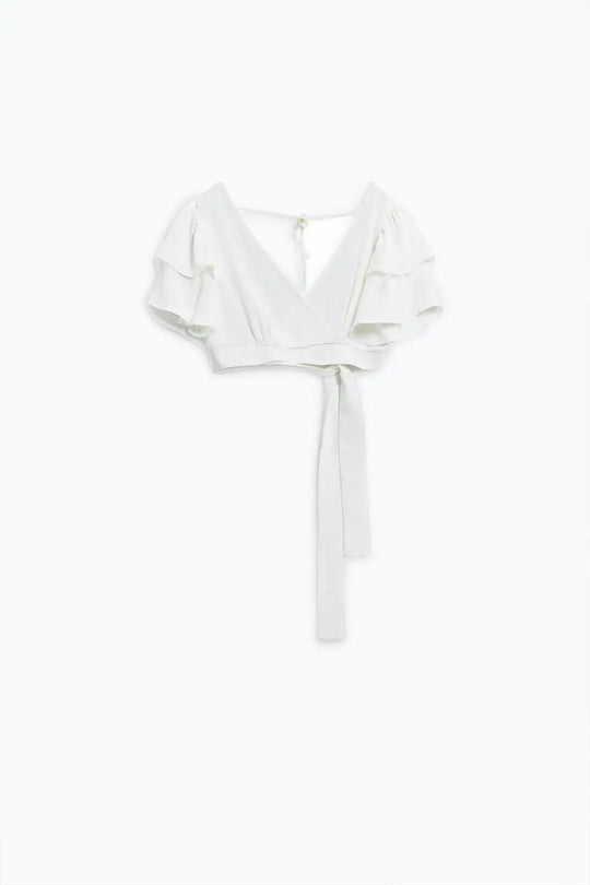 White Crop Top With Short Sleeves And V-neck - Tops