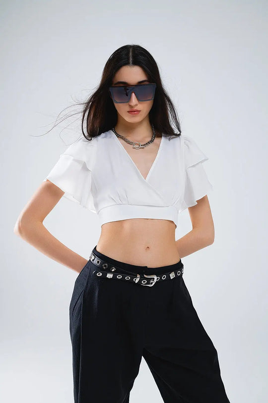 White Crop Top With Short Sleeves And V-neck - Tops