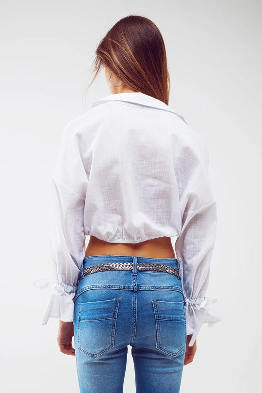 White Cropped top with gathered sleeve detail - Shirts
