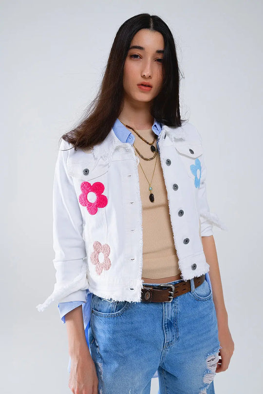 White Denim Jacket With Embroided Flowers - Coats and Jackets