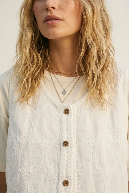 White Embroidered Cotton translucent Front Regular Fit Vest - One Size / White - Tops