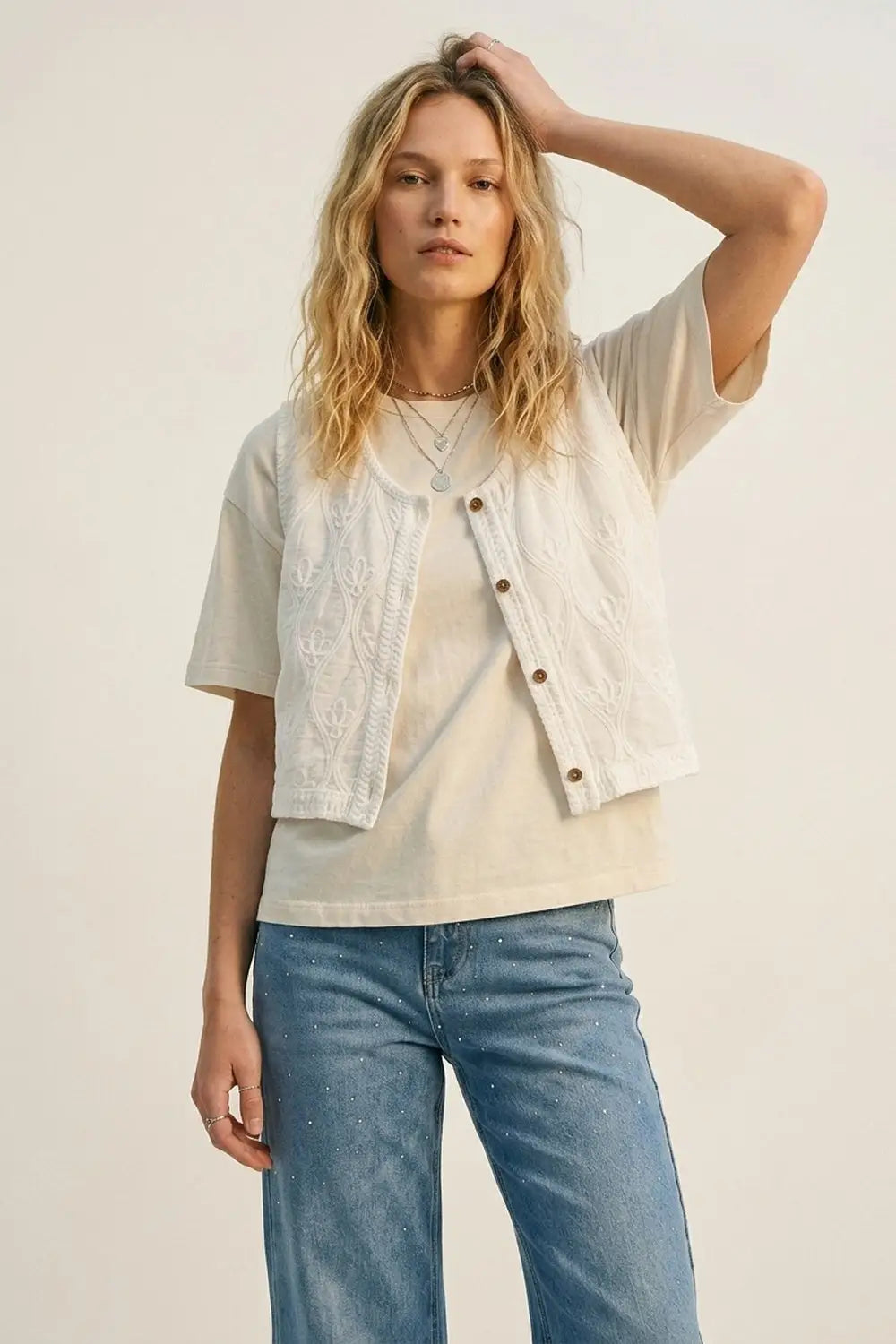 White Embroidered Cotton translucent Front Regular Fit Vest - One Size / White - Tops