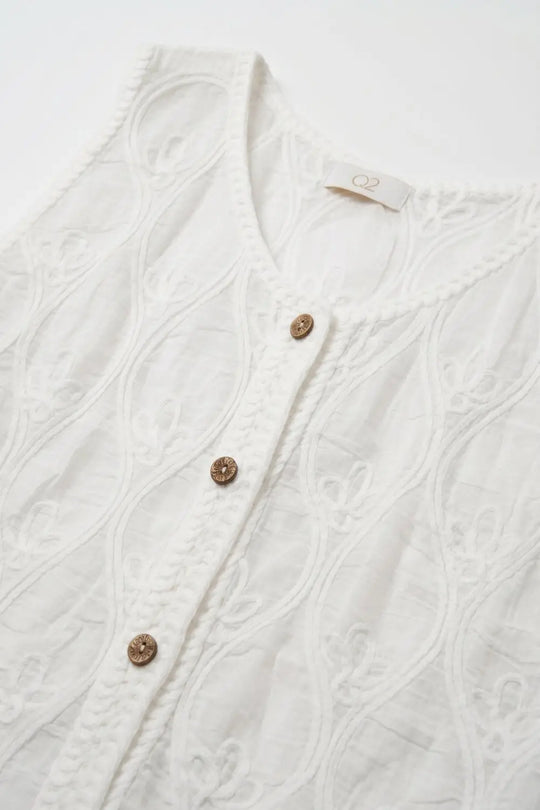 White Embroidered Cotton translucent Front Regular Fit Vest - One Size / White - Tops