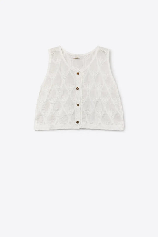 White Embroidered Cotton translucent Front Regular Fit Vest - One Size / White - Tops