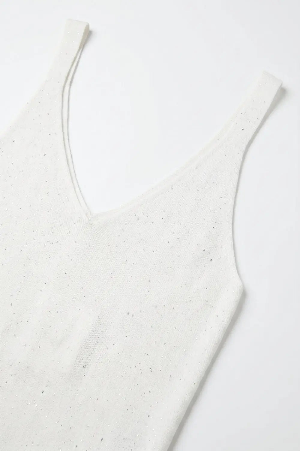 White Fine Knit Glitter V-Neck Fitted Tank Top - One Size / White