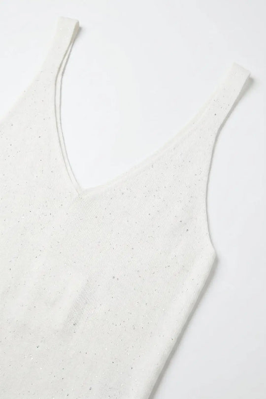 White Fine Knit Glitter V-Neck Fitted Tank Top - One Size / White