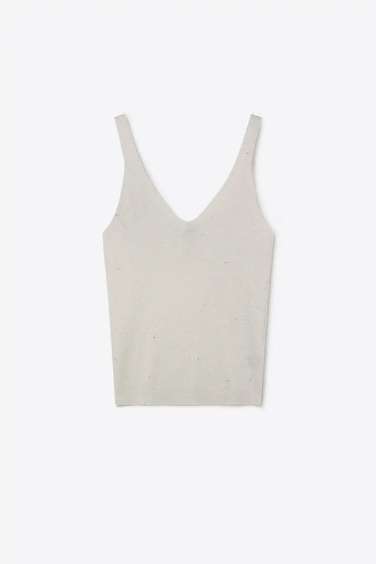 Q2 White Fine Knit Glitter V-Neck Fitted Tank Top