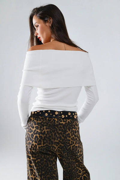 White fine knit sweater with wide boat neck - One Size / White - Sweaters