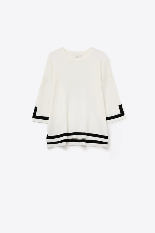 Q2 White Fine Knit Top with Contrast Stripe in black Detail and 3/4 Sleeves