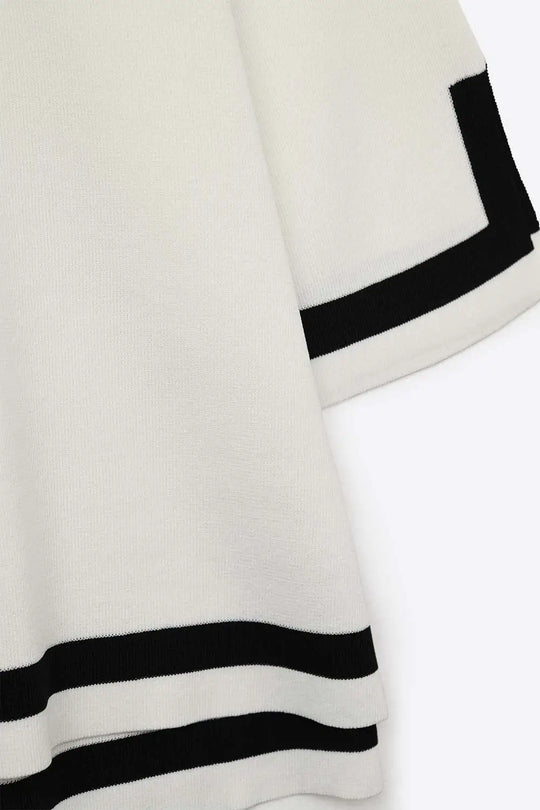 White Fine Knit Top with Contrast Stripe in black Detail and 3/4 Sleeves - One Size / White