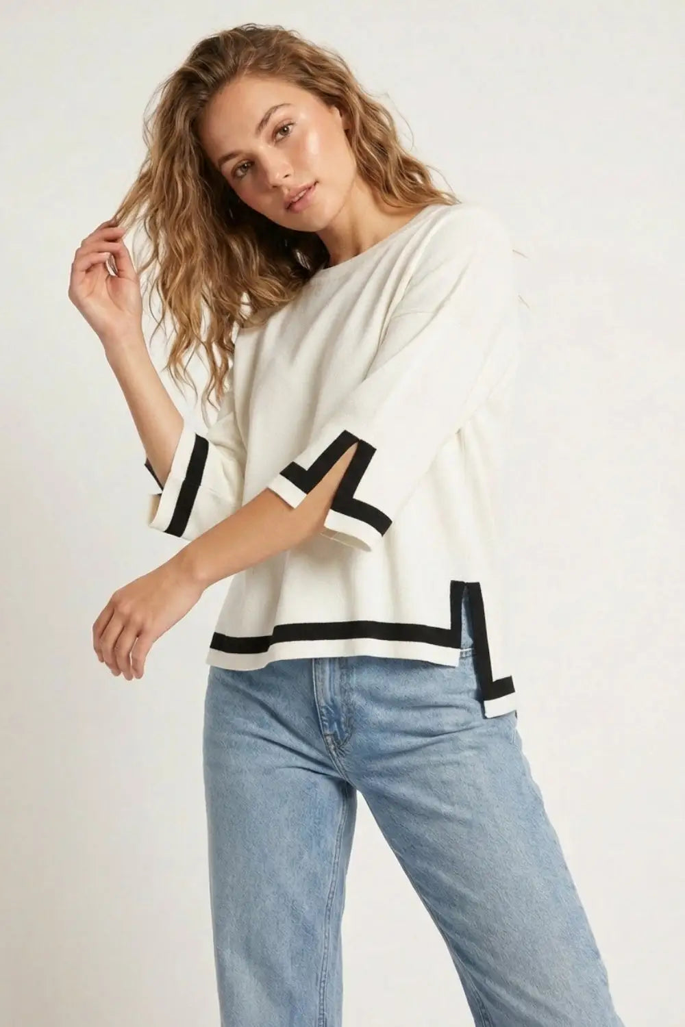 White Fine Knit Top with Contrast Stripe in black Detail and 3/4 Sleeves - One Size / White