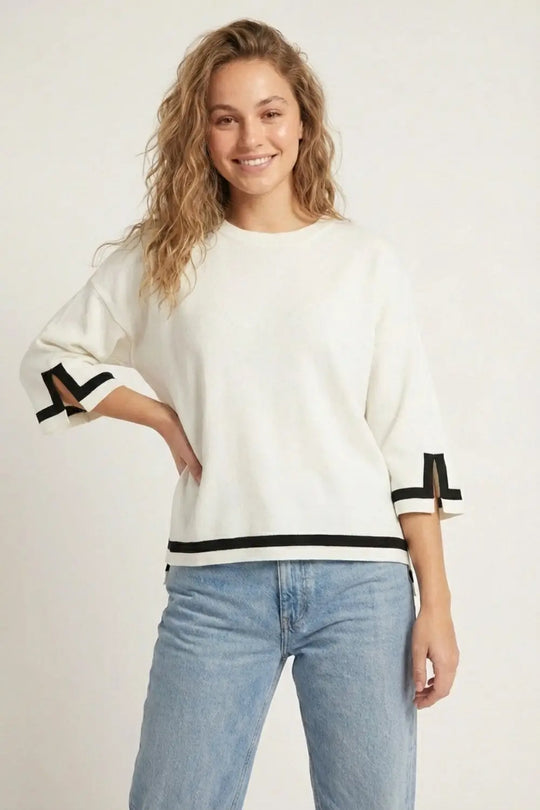White Fine Knit Top with Contrast Stripe in black Detail and 3/4 Sleeves - One Size / White