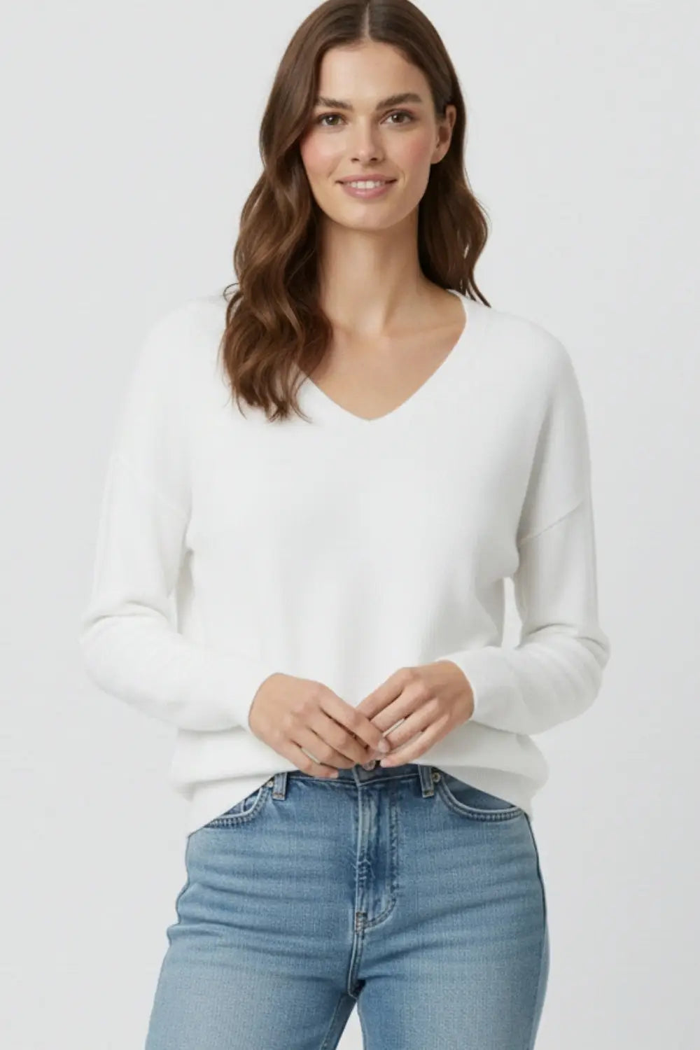 White Fine Knit V-Neck Sweater with Subtle Linear Texture - One Size / White