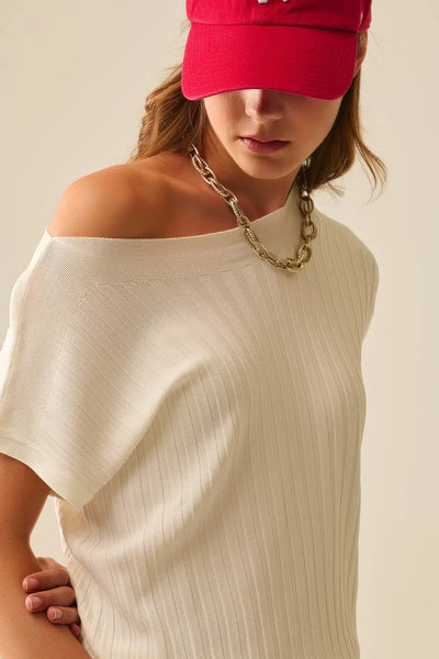 White fine Rib knitted Sweater with boat neck - One Size / White - Sweaters