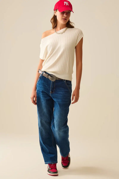 White fine Rib knitted Sweater with boat neck - One Size / White - Sweaters
