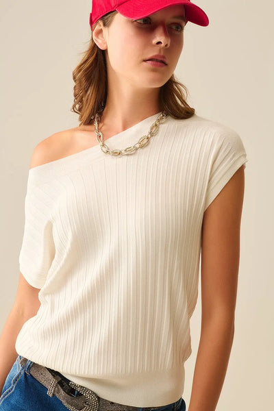 White fine Rib knitted Sweater with boat neck - One Size / White - Sweaters
