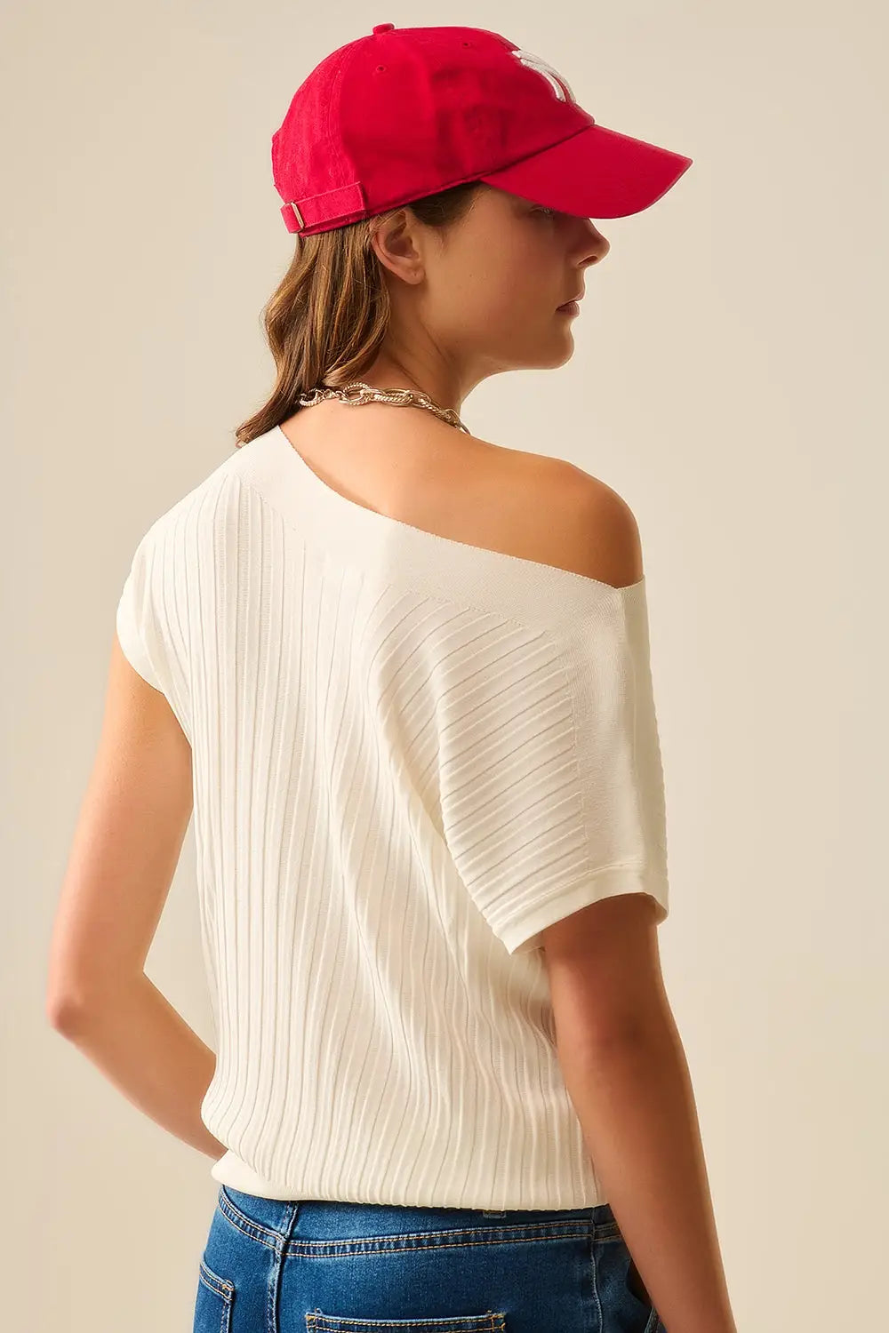 White fine Rib knitted Sweater with boat neck - One Size / White - Sweaters