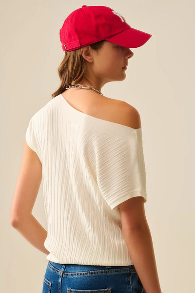 White fine Rib knitted Sweater with boat neck - One Size / White - Sweaters