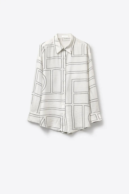 White Geometric Print Relaxed Fit Button-Up Shirt - Shirts