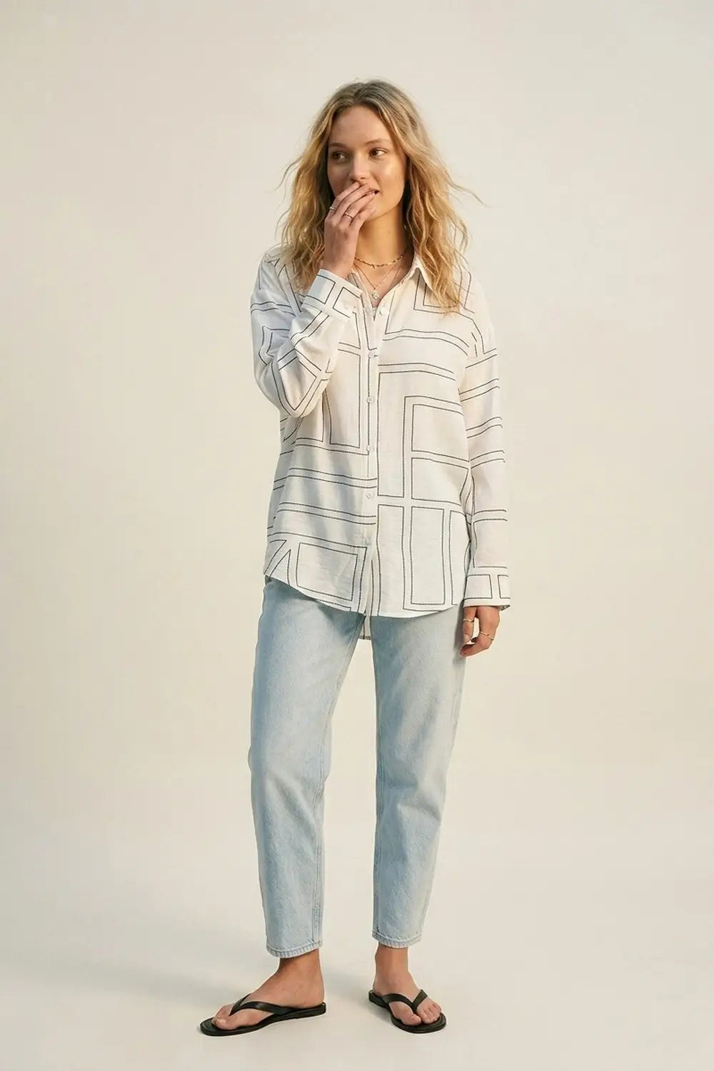 White Geometric Print Relaxed Fit Button-Up Shirt - Shirts