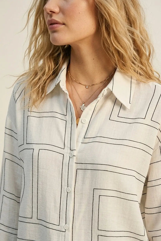 White Geometric Print Relaxed Fit Button-Up Shirt - Shirts